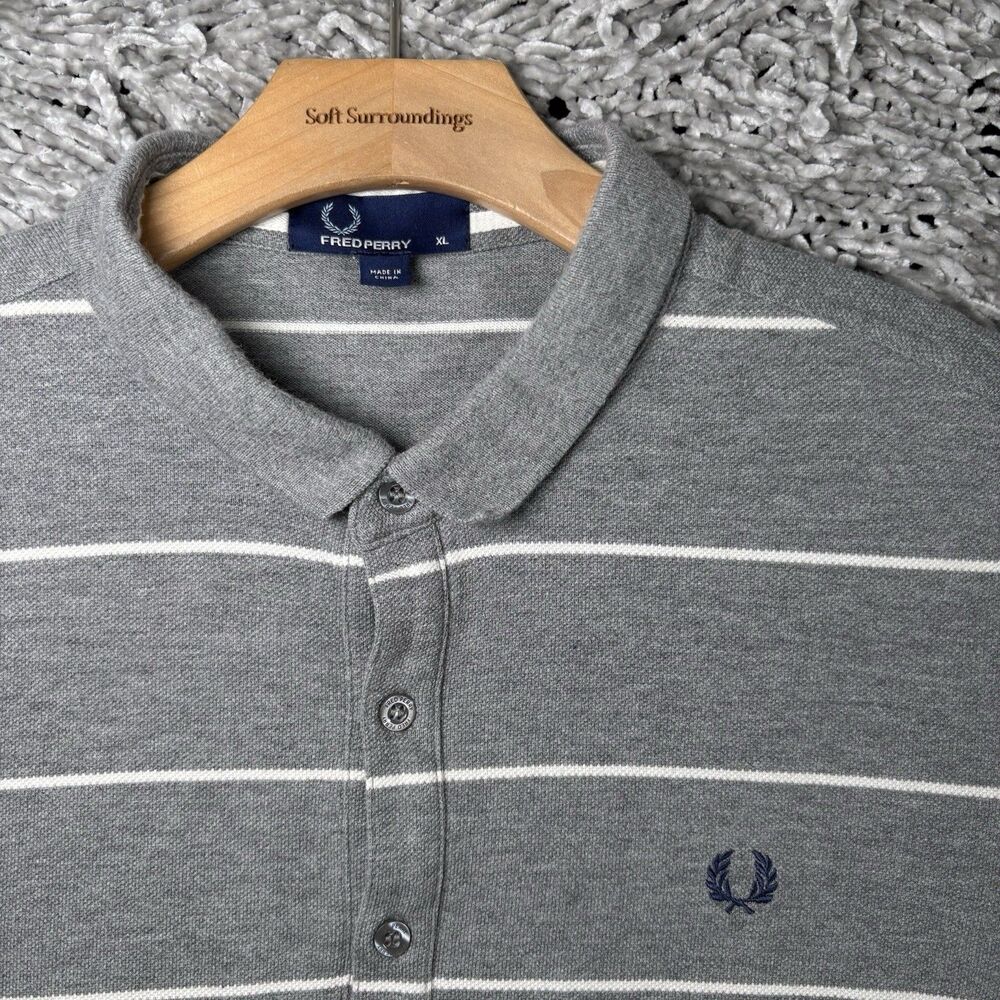 Fred Perry Fine Stripe Polo Shirt Mens XL Gray Stripes Short Sleeve Designer